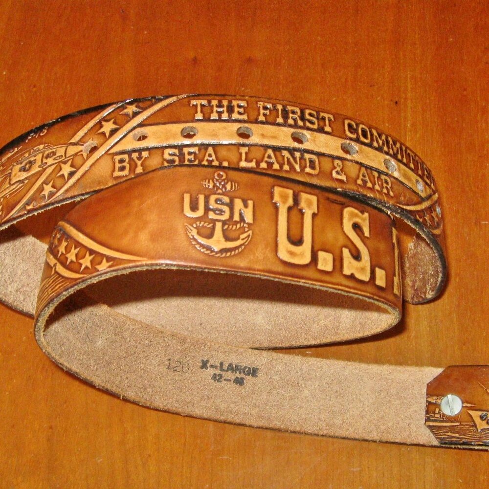 Vintage US Navy Tooled Leather Belt Brown Sz 42 F-14 F-18 1983 Gabco Made In USA
